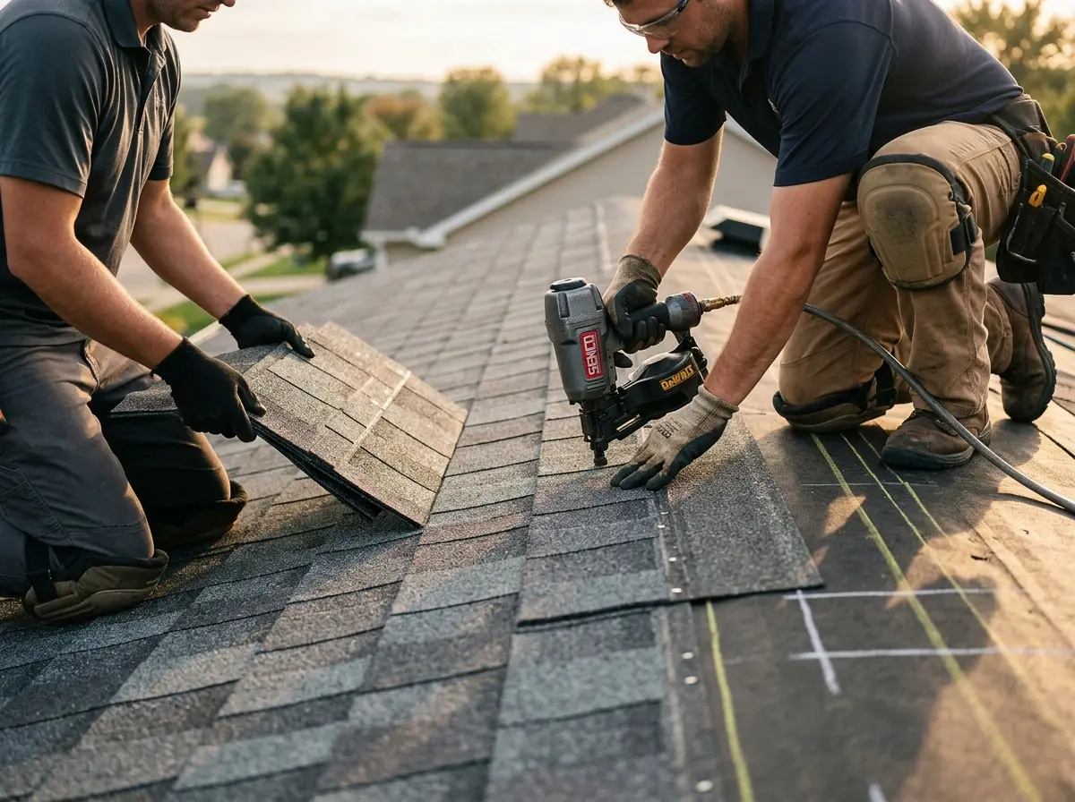 Professional roofer working on a residential roof in Skidaway Island